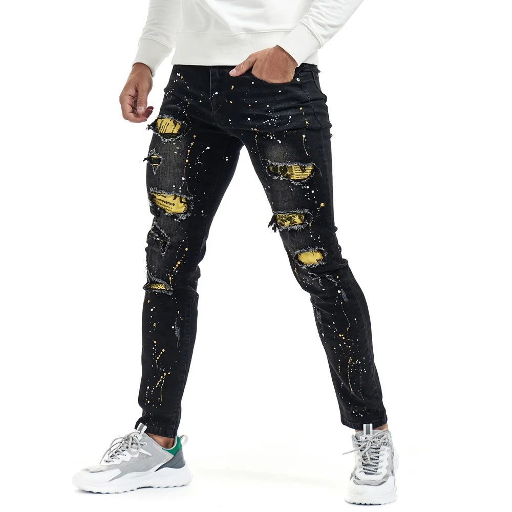 

Ripped Hole Jeans for Men Hip Hop Pant Distressed black stitching print Denim Clothing Full Length Trousers Men Slim fit Jeans