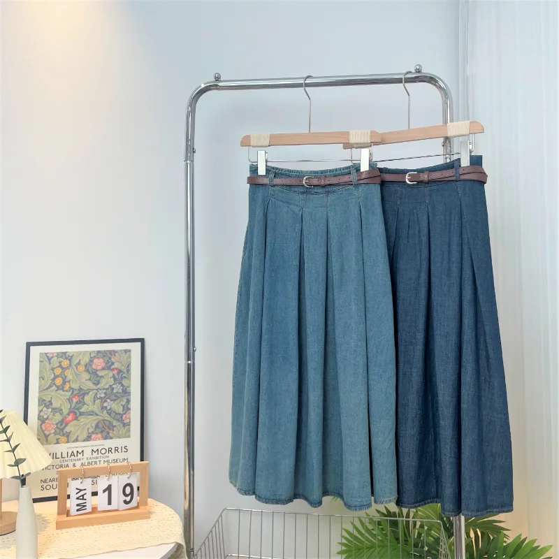 

Korean Style High Waist Retro Belt Long Skirts For Women Fashion 2023 Summer Thin A-line Denim Skirt Women's Midi Elastic Skirt