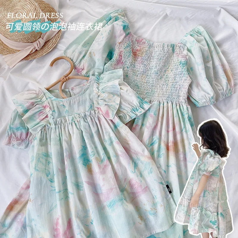 

Criscky Baby Girls Dress Casual Clothes Summer 2022 Fashion New Puff Sleeve Cotton Girls Princess Dress Round Neck Dress