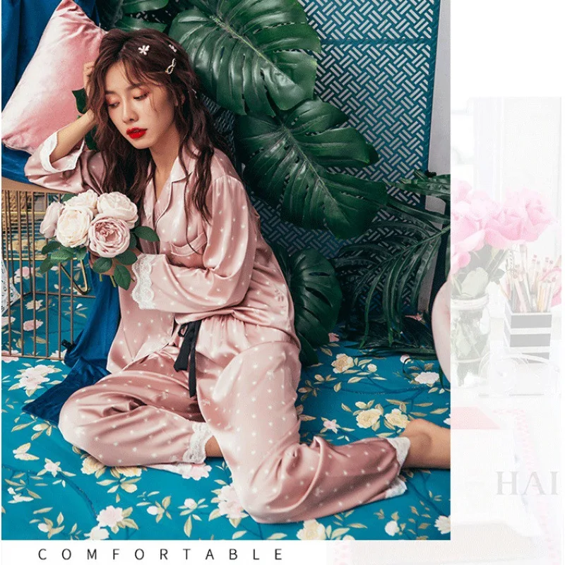 

FALLINLAOE Print Fashion Women Pajama Set Sweet Lace Cuff Trousers Long Sleeve Suit Pyjamas
