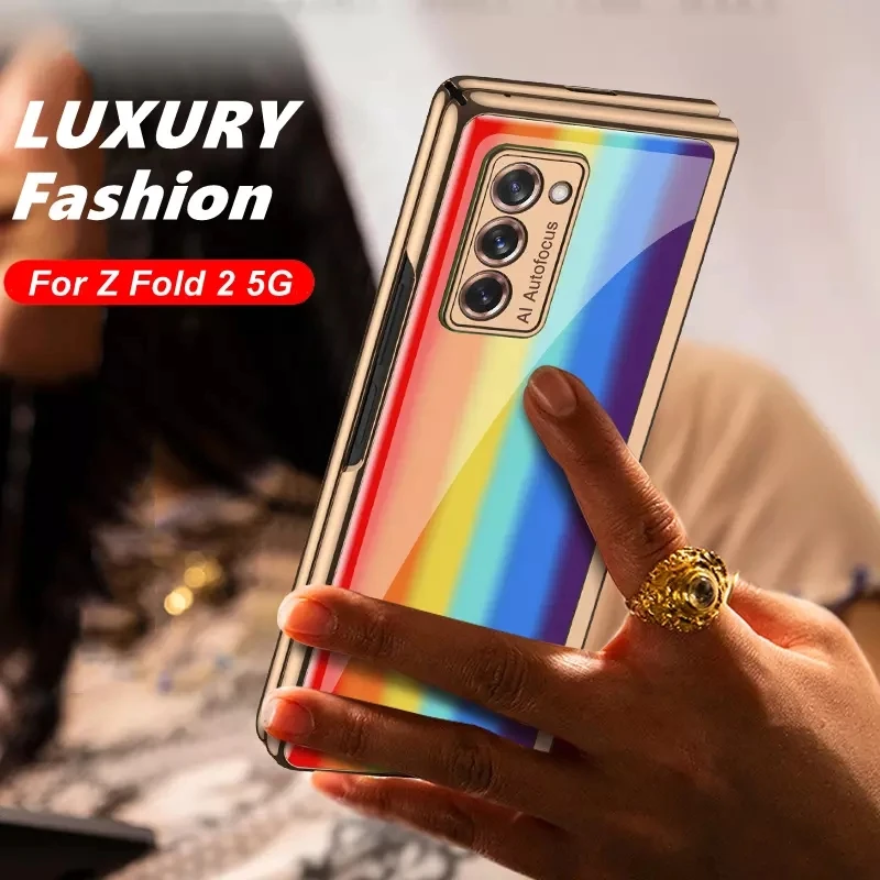 

Роскошный модный складной чехол из закаленного стекла для Samsung Galaxy Z Fold 2 Радужная рамка с покрытием ударопрочная задняя крышка для Fold2