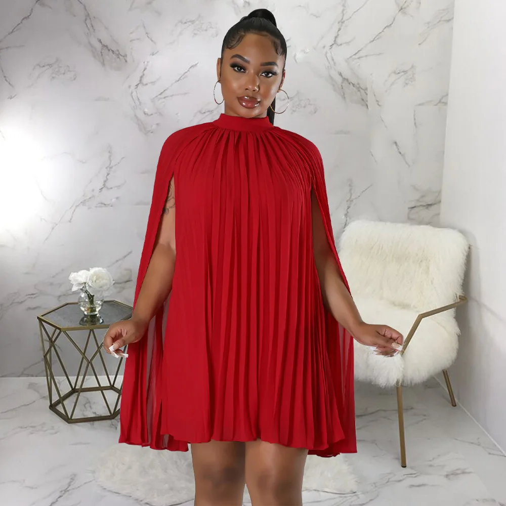 

Women Oversized Party Dress Pleat Loose Short Dresses Cloak Sleeve Stand Collar Large Female Birthday Robes for Summer