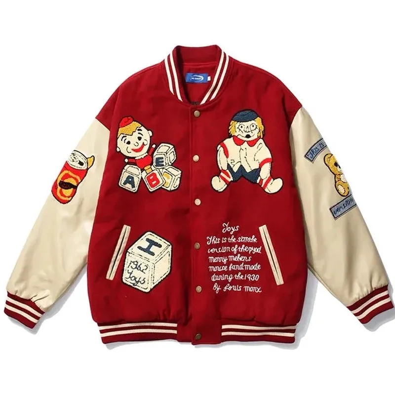 

Patchwork Jackets Men Wool Heavy Industry Cartoons Pattern Patch Baseball Jacket Women Oversize Harajuku Korean Style Outerwear