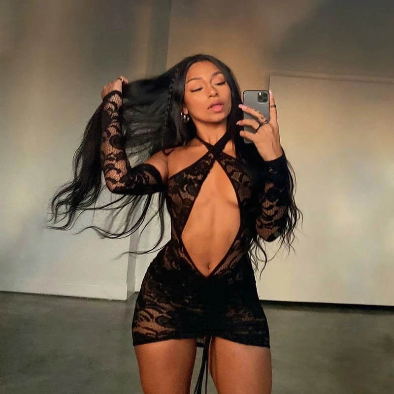 

Club Wear Halter Drawstring Dresses Sexy Lace See Through Mini Dress For Women Long Sleeve Hollow Out Bodycon Vestido de Mujer