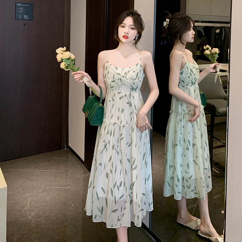 

Summer New Women Sleeveless A Line Green Floral Sling Chiffon Fairy Dress Female High Waist Literary Vintage Strapless Dresses