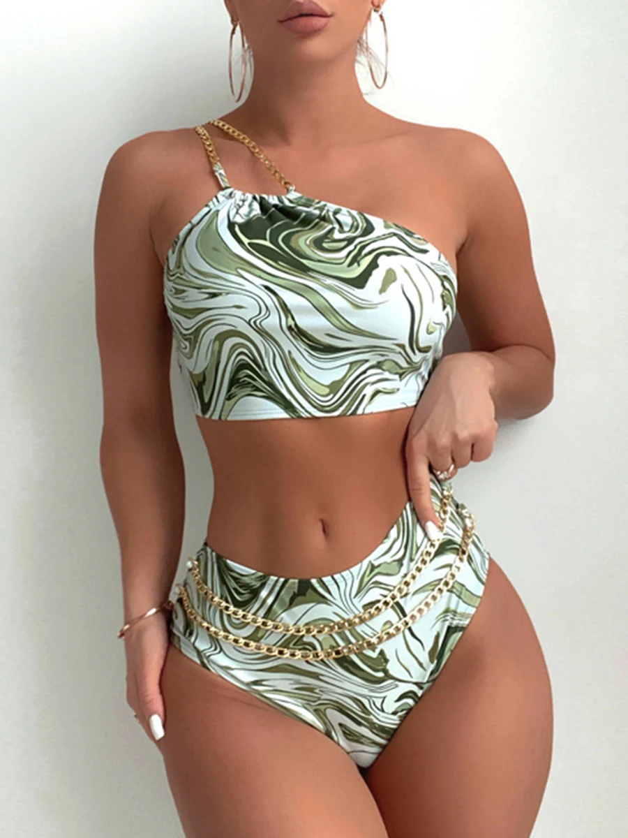 

Chain Link Bikinis 2023 Women High Waist Swimsuit Printed One Shoulder Swimwear Female Bathing Suit Swimming Summer Beachwear