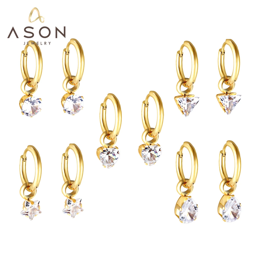 

ASONSTEEL Trendy Star Round Heart Cubic Zirconia Charm Pendant Hoop Earring Gold Color Stainless Steel For Women Jewelry Fashion