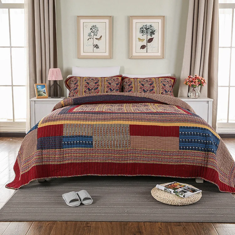 

Country style 100%Cotton Handmade Patchwork Sets Quilt Blanket 3 Pieces King size Bedspread Pillow shams Ultra Soft