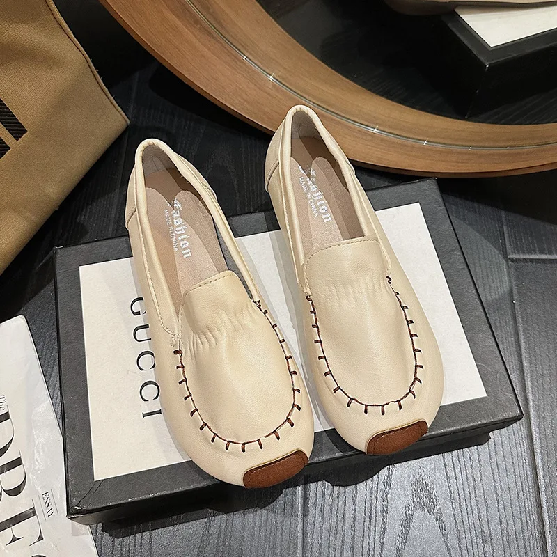 

Туфли женские с круглым носком, Прошитые лоферы, Повседневная однотонная дышащая обувь на плоской подошве, без застежки, весна-осень