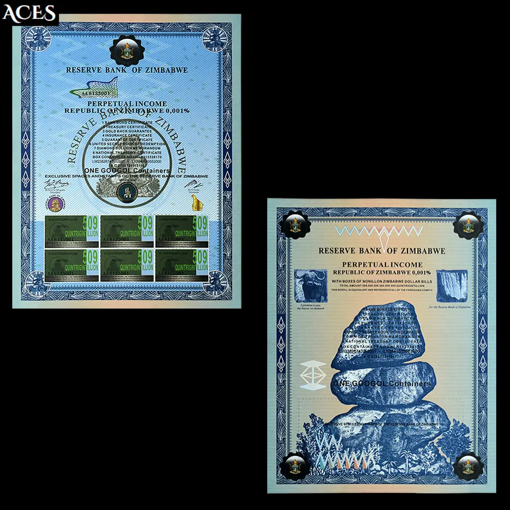 

Zimbabwe Banknotes One Googol Containers Certificate 509 Quintrigintillion Paper Notes Reserve Bank of Zimbabwe Collectibles