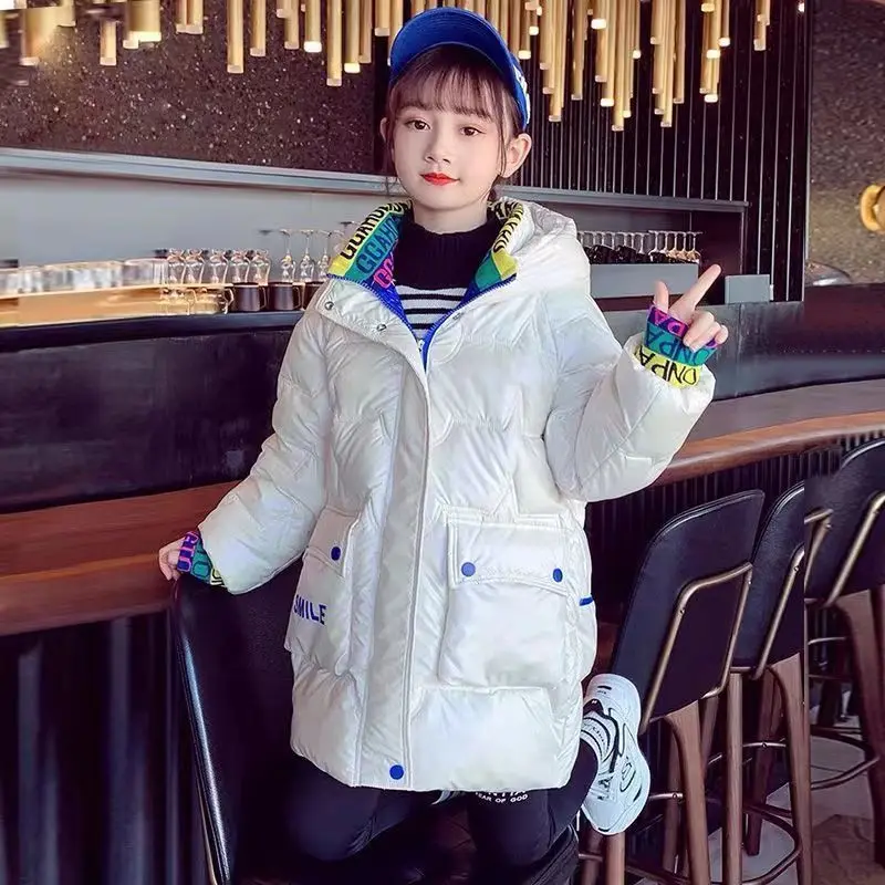 

2022 New Winter Warm Teen Girls Long Jacket Fashion Collar Letters Girl Parka Coat Snowsuit Children Outerwear Clothing 5-12Y