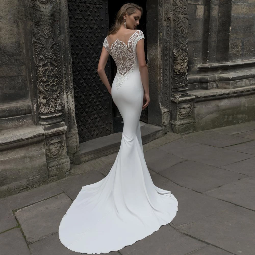 

Wedding Dresses White For Women Custom Made Jersey Appliques Pleat Scoop Sleeveless Zipper Mermaid Bridal Gowns