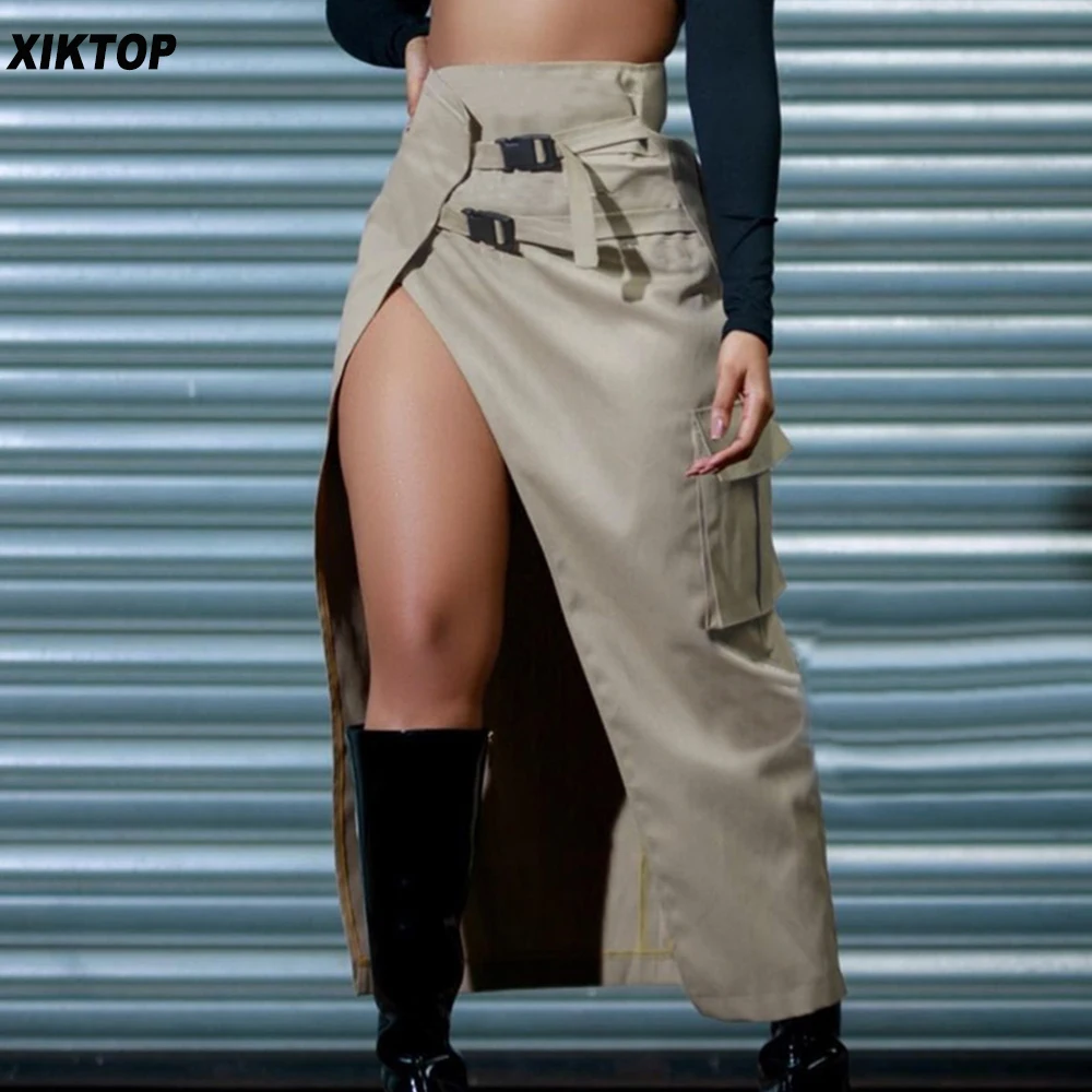 

Xiktop Workwear Maxi Skirts Women Tooling Style Flap Pockets Schoolbag Buckle Ribbon Detail High Slit Bottoms A-Line Cargo Skirt