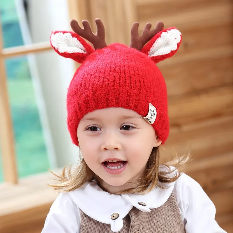 

HoneyCherry Infant Hat Christmas Deer Children Plush and Thick Wool Hat Cartoon Antler Baby Winter Warm Hat Baby Boy Accessories