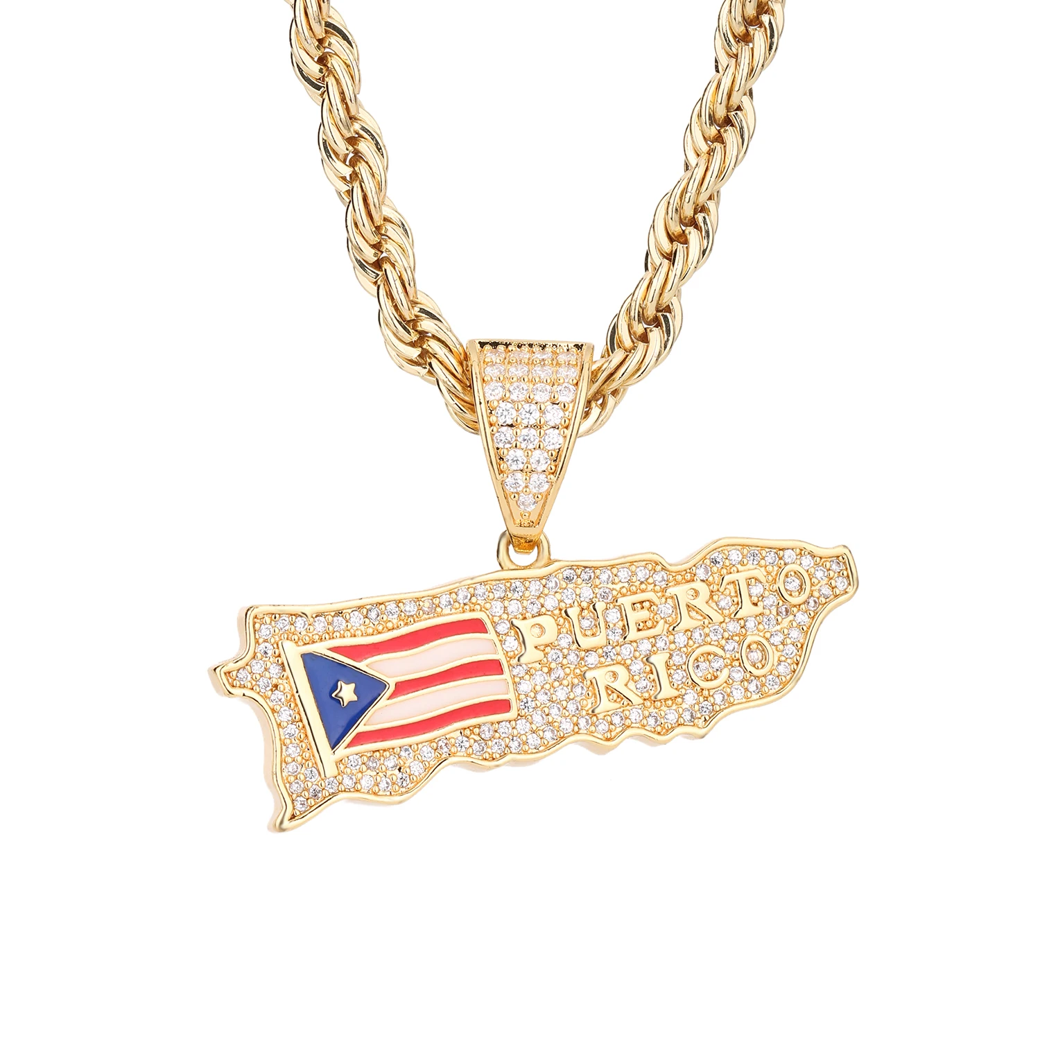 

Puerto Rico Map Frog Ensign Pendant 14K Gold Inlaid with Zirconium Diamond Lettered Pendant Hip-hop Hip-hop Pop Jewelry
