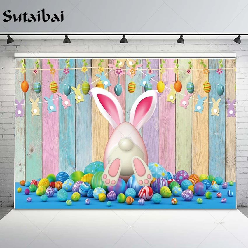 

Spring Easter Eggs Backdrop Colored Wood Board Bunny Rabbit Newborn Baby Portrait Photography Background Photophone Photozone