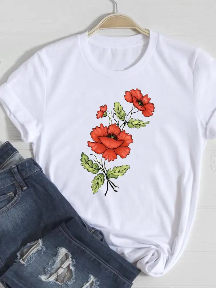 

Women Casual Fashion Cartoon Summer Clothing Flower Printing Cute Sweet Graphic T Top Lady Print Tee Tshirts T-Shirt