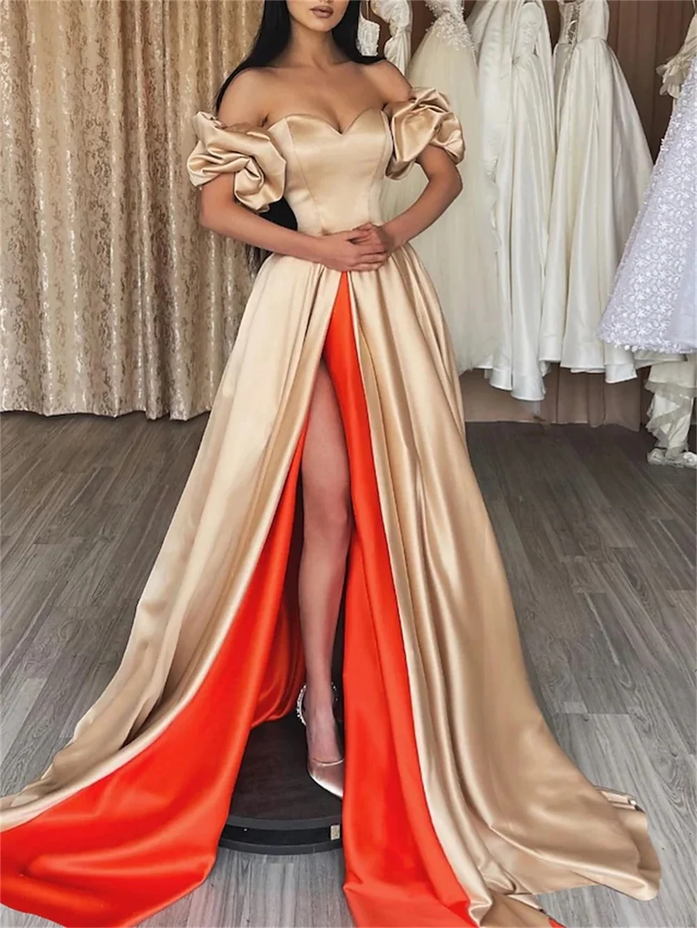 

Sexy High Slit Satin Party Evening Dresses Sweetheart Puff Sleeves Formal Prom Dresses Gowns Vestidos De Fiesta Robe De Soiree
