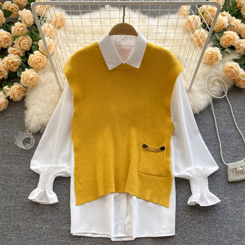 

Fitaylor Spring Autumn New Women Loose Temperament White Shirt+Fashion Casual Sweet Knitted Vest Waistcoat Sweater Two Piece Set