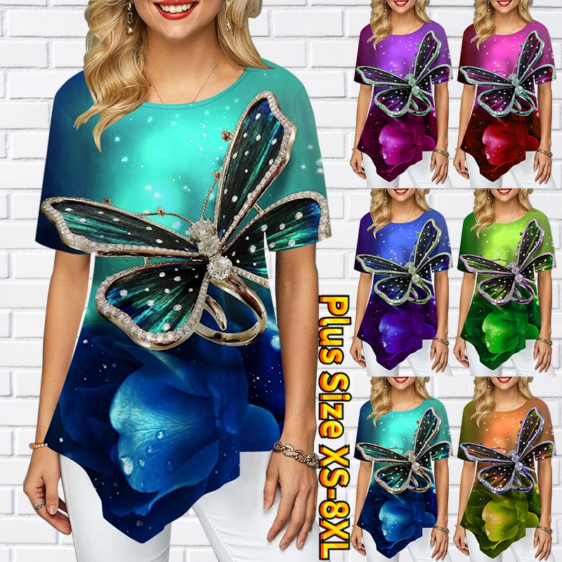 

2022 New Women's Butterfly Printed Short Sleeve Summer Fashion Casual T-shirt Women's Basic Pullover Loose Comfortable Tops Tee