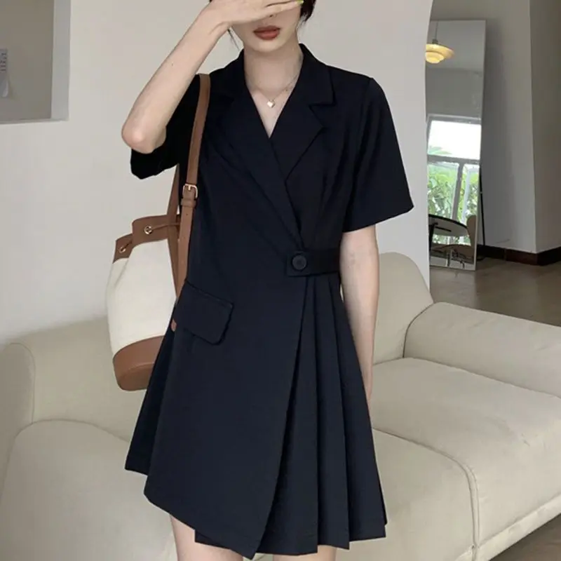 

Женское платье с поясом, черное платье с V-образным вырезом и юбкой с коротким рукавом, лето 2023