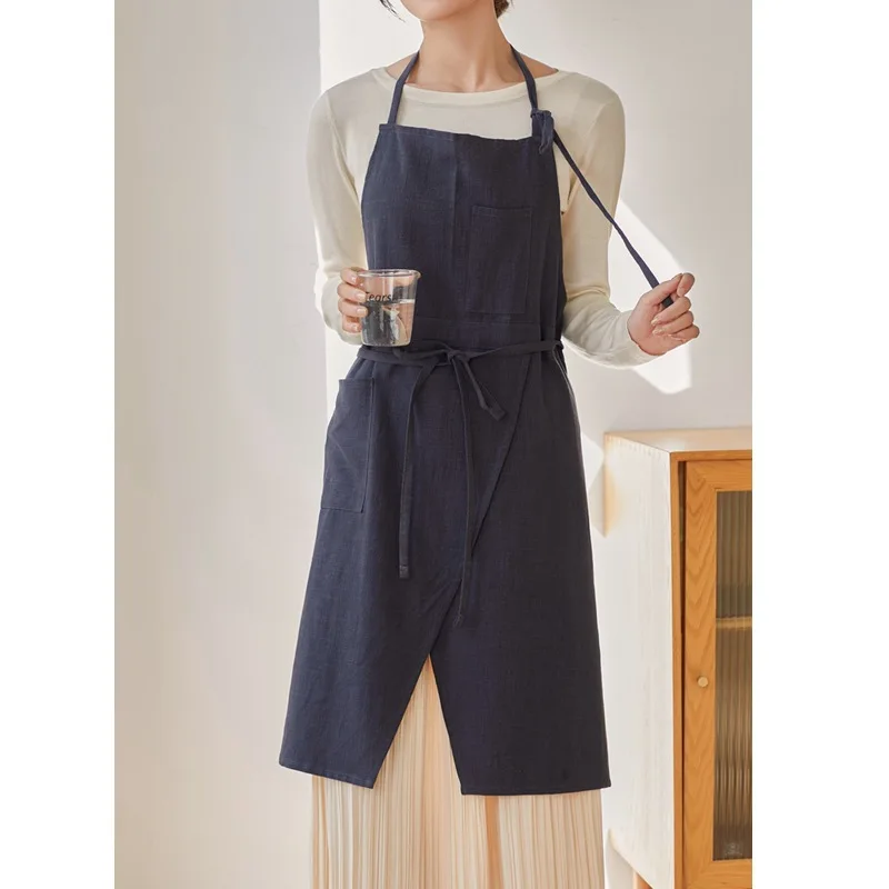 

Сплошной цветной льняной фартук с разделенным дизайном ног, салон красоты, маникюрный салон, рабочая одежда, домашний кухонный фартук с ремешком, противообрастающий