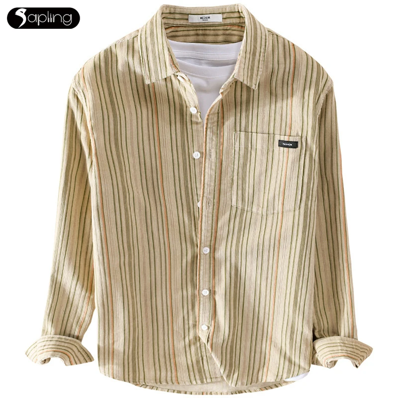 

Autumn Pure Cotton Corduroy Long-sleeve Shirt Men Striped Velvet Retro Comfortable Shirt Middle-age Men Shirt Brushed Casual Top