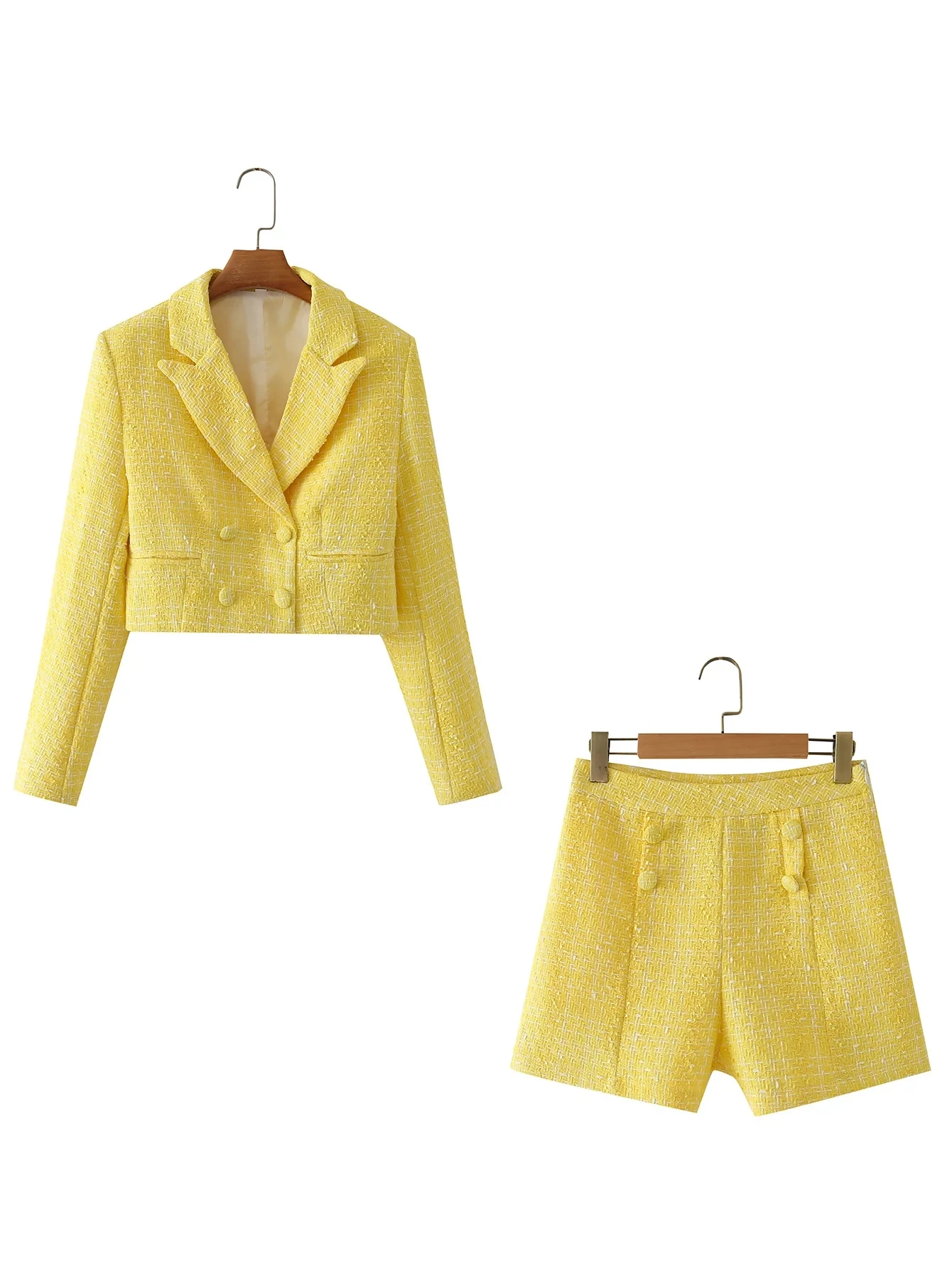 

Fashion Yellow Tweed Double Breasted Cropped Blazer + Shorts 2022 Summer Office Lady High Waist Casual Girls Outerwear