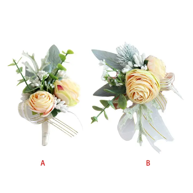 

2023 New Artificial Gradient Peony Boutonniere Corsage Wristlet Fake Berries Plants Wedding Party Groom Bridesmaid Pin Brooch