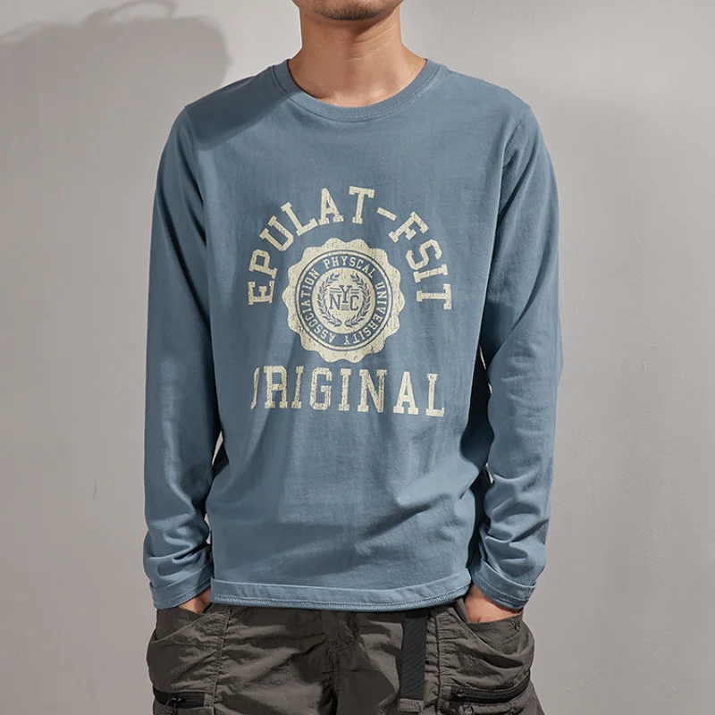 

Мужская хлопковая футболка с принтом букв, круглым вырезом и длинными рукавами