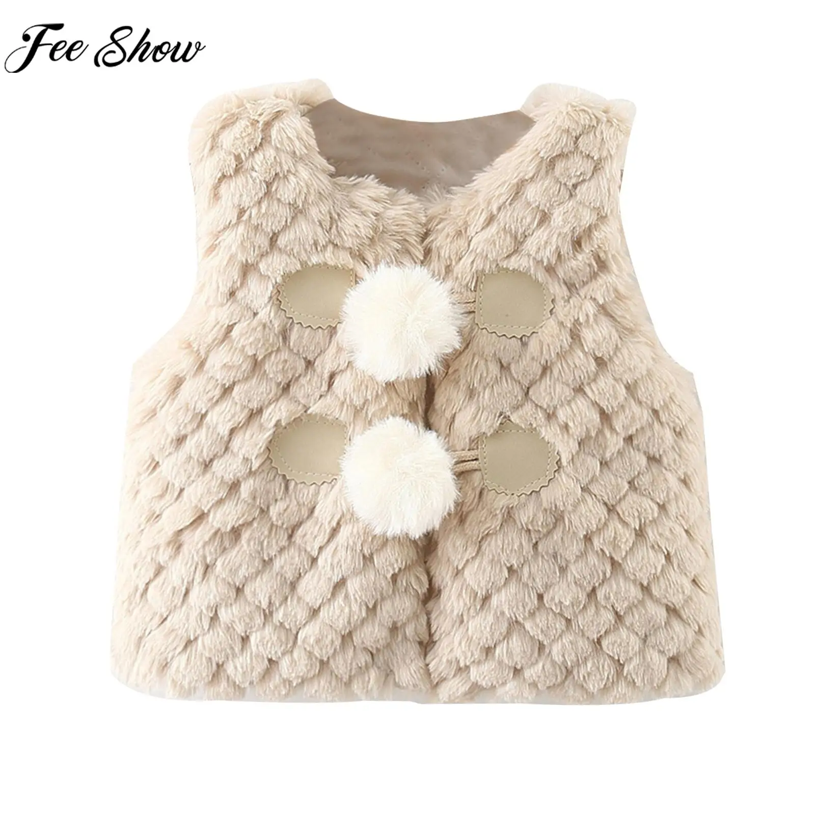 

Kids Girls Casual Cute Plush Warm Vest Outerwear Sleeveless Pom-pom Button Smooth Lined Thicken Waistcoat Daliy Wear Loungewear