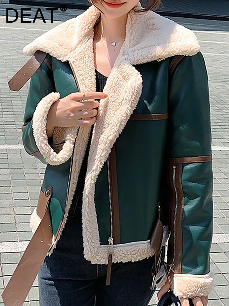 

DEAT Fashion Women's Coat Big Lapel Loose Zipper Long Sleeve Dark Green Thick Plush Motorcycle Jackets Tide Winter 2023 17A4296