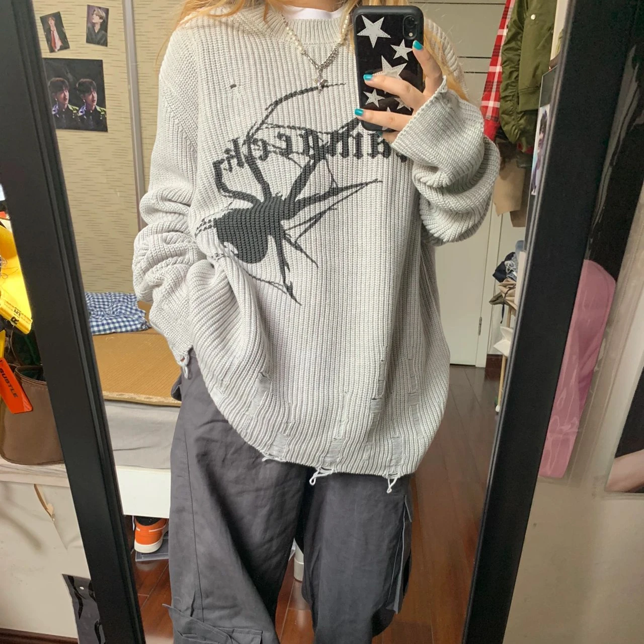 

Spider Print Tassel Sweater Women Gothic Vintage Ripped Grunge Long Sleeve Top Oversized Casual Fashion Hip-Hop Pullover