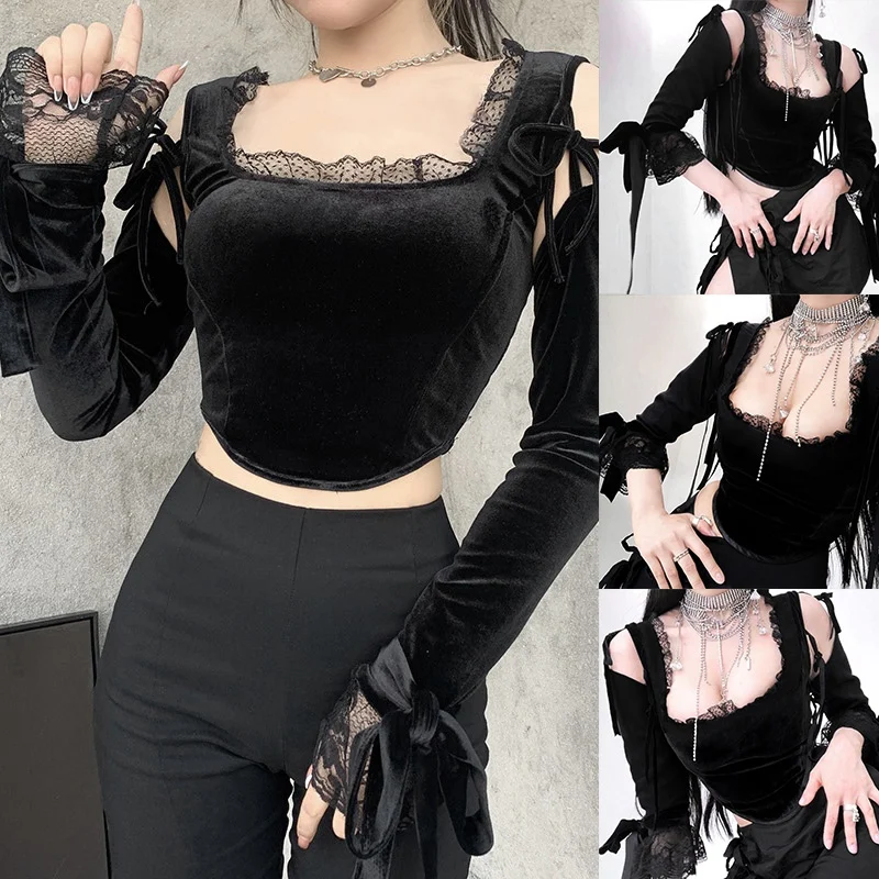 

Женский укороченный топ Goth Lace Black, готический кружевной топ в стиле пэчворк, Женский шикарный облегающий топ с вырезами