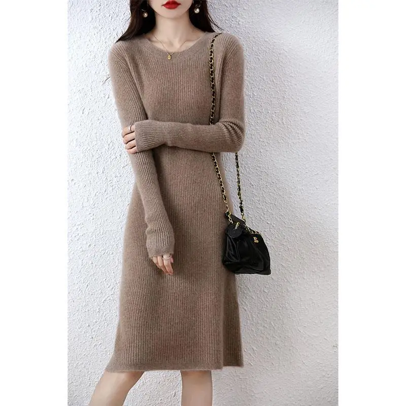 

Women Knitted Long Dress Autumn Winter 2022 Elegant Pleated A-line Midi Dresses Female O-neck Casual Ladies Screw Thread T204
