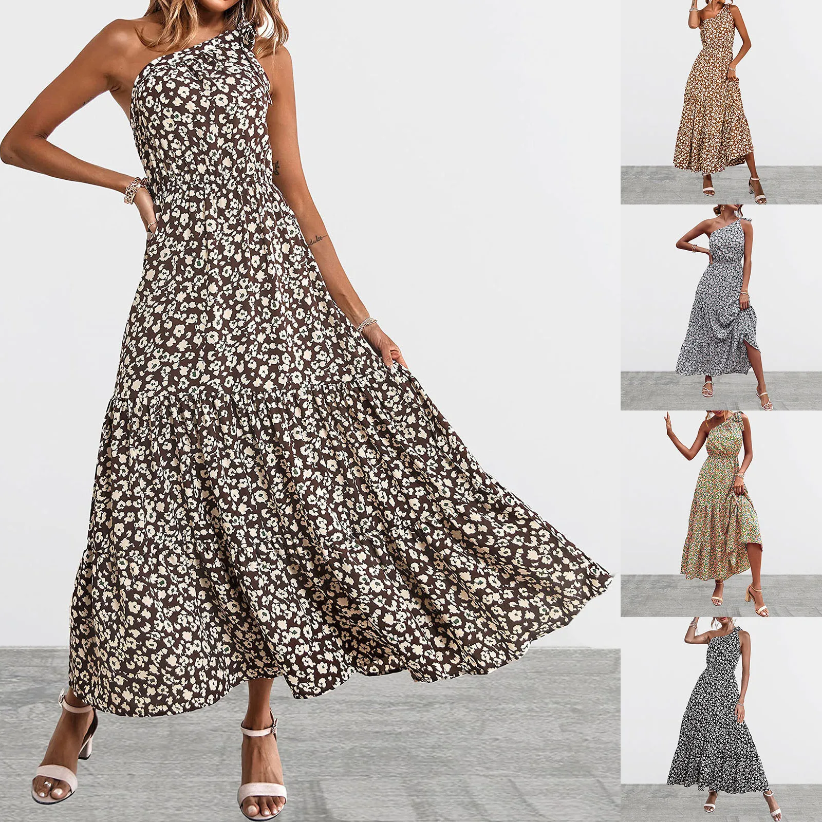 

Women's Single Shoulder Bohemian Floral Dress Beach Hem Long Dress Floral Print Maxi Dresses 2022 vestidos de verano