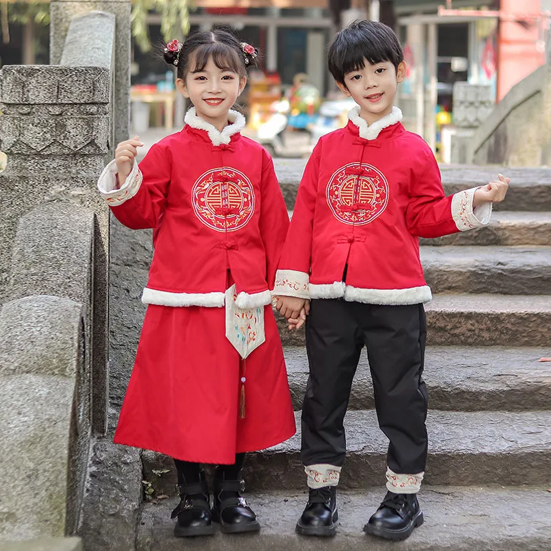 Winter Girls New Year Dress chinese Lovely Embroidery Kids Tang Suit Boys Thick And Quilted Cotton Perform Costumes |