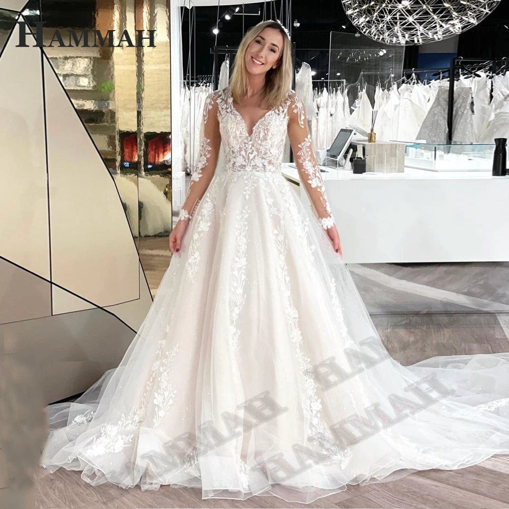 

HAMMAH Bling High End Wedding Dresses For Mariages Appliques V Neck Long Sleeve Illusion With Button Brush Train Made To Order