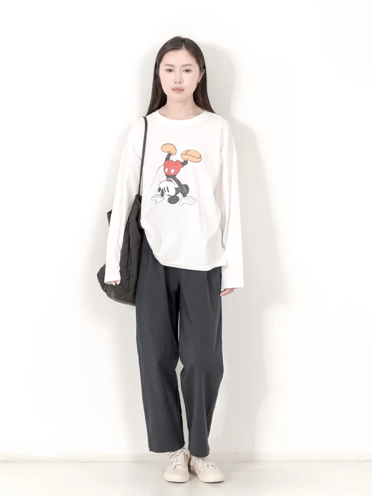 Kngs Autumn Japan fashion Retro Sle Creative Print Mickey round Neck Long sleeve Cotton Base Shirt T-shirt Women's Top