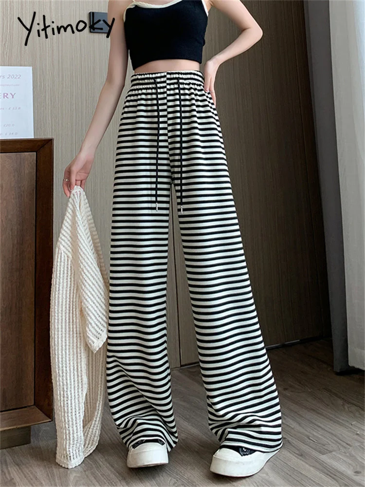 

Брюки женские полосатые с широкими штанинами, модные прямые повседневные длинные штаны с завышенной талией, в Корейском стиле, 2023