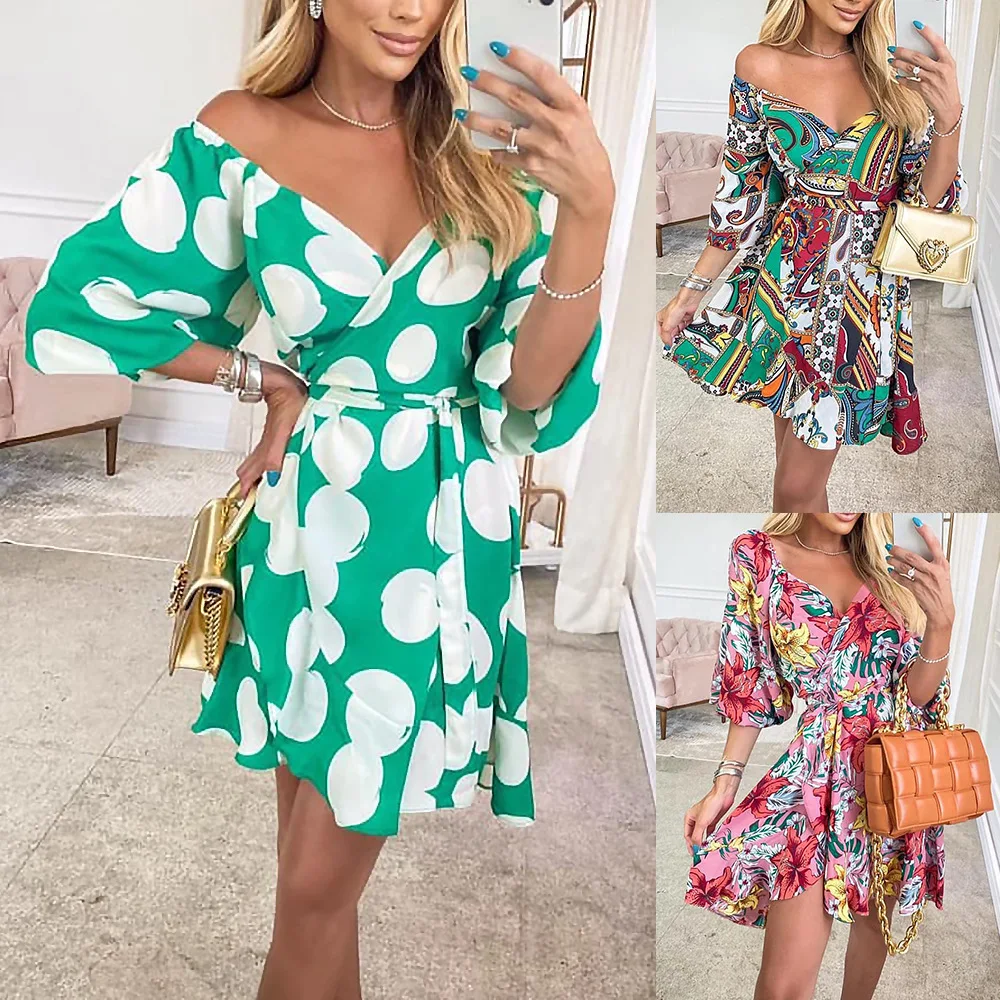 

Spring And Summer New V-neck Tie Fashion Print Loose Casual Swing Dress Woman