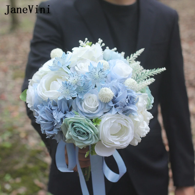 

JaneVini 2022 Elegant Blue White Bridal Hand Holding Bouquets Flowers Artificial Silk Roses Hydrangea Boho Wedding Bride Bouquet