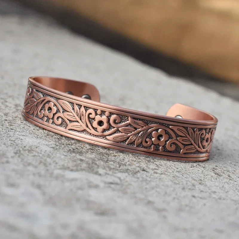 Czysta miedź bransoletki dla mężczyzn kobiety regulowany mankiet etniczny wzór kwiatowy magnetyczne zapalenie stawów zdrowie wysoki magnes