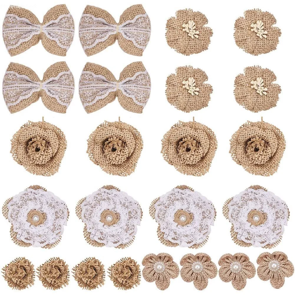 

24Pcs 6 Styles Handmade Burlap Flowers Natural Rustic Burlap Flowers Burlap Lace Pendants for Wedding Party DIY Craft