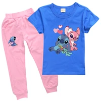 disney new stitch cartoon print boys girls top 100 cotton t shirt pink pants comfortable cute clothing 2 15 years old