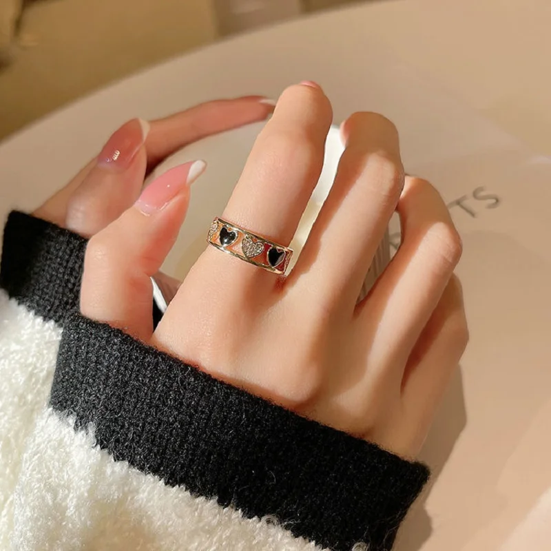 Korea Fashion Geometric Hollow Heart Zircon Open Ring for Women Engagement Exquisite Wedding Party Jewelry Gifts