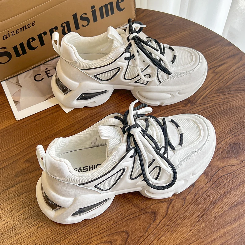 Women's 2023 Flat Platform Sneakers Leather Non-Slip Thick Soled Running Trainers Shoes Women's Sports Daddy Shoes Tennis Female