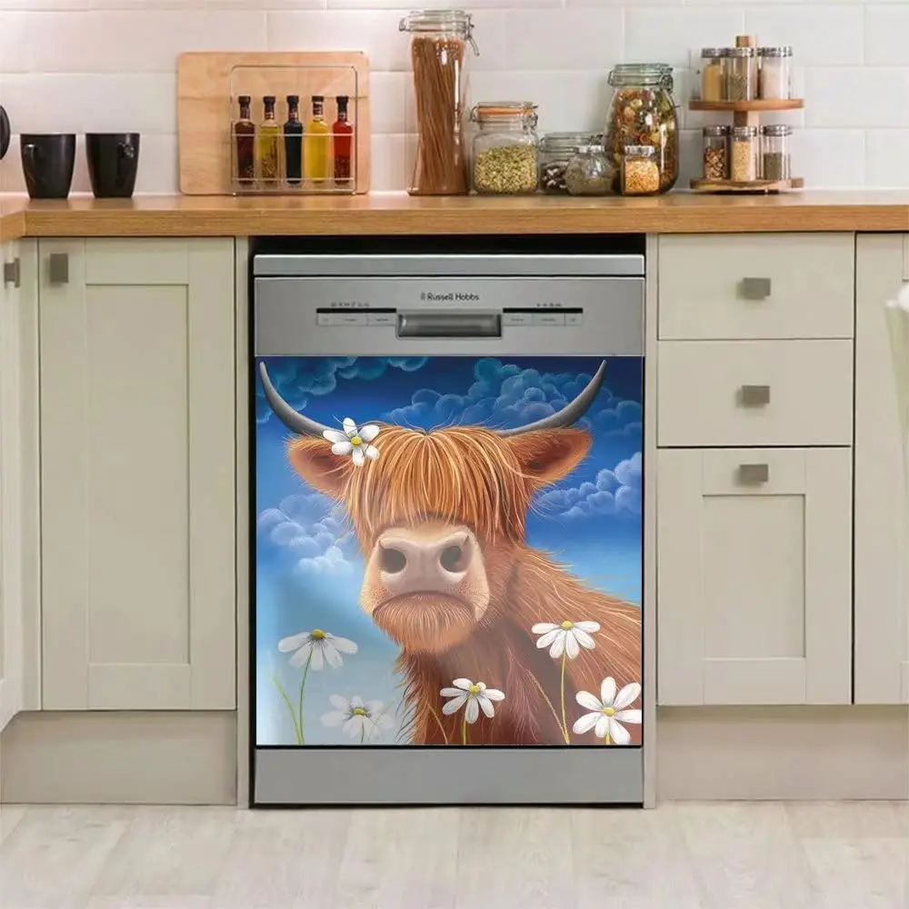 

Funny Cow Heat-Resistant Dishwasher Sticker Flower Animal Panels Washing Machine Door Magnetic Panels Cover Farm Cow Refrigerato