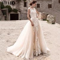 elegant a line o neck mermaid wedding dress 2022 luxury sleeveless lace appliques bridal gown tulle button removable sweep train
