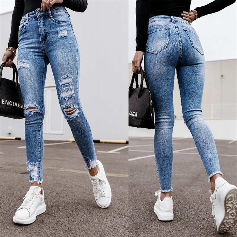 Women Stretch Waist Slim Skinny Fashion Casual Jeans High Waist Denim Pencil Pants Female Classic Hole Oversized Trousers Pop